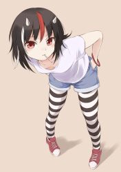 Rule 34 | 1girl, absurdres, alternate costume, beige background, black hair, blouse, candy, casual, collarbone, cone horns, contemporary, food, full body, grey horns, hands in pockets, highres, horns, kijin seija, leaning forward, lollipop, looking at viewer, multicolored hair, pantyhose, red eyes, red footwear, red hair, shirt, shoes, short shorts, shorts, simple background, solo, standing, streaked hair, striped clothes, striped pantyhose, techi (techi35499), thighhighs, touhou, white hair, white shirt