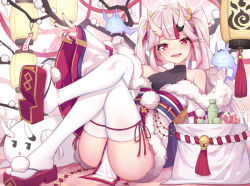 Rule 34 | 1girl, absurdres, alcohol, alternate costume, alternate hairstyle, bottle, full body, hair between eyes, highres, hitokuchii, hololive, horns, lantern, long hair, looking at viewer, nakiri ayame, open mouth, poyoyo (ayame channel), red eyes, sake, sake bottle, sitting, skin-covered horns, solo, table, thighhighs, twintails, virtual youtuber, white thighhighs