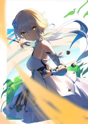 Rule 34 | 1girl, 38 (sanjuuhachi), absurdres, bare shoulders, black gloves, blonde hair, blurry, blurry foreground, bush, closed mouth, commentary request, cowboy shot, detached sleeves, dress, flower, from side, genshin impact, gloves, hair flower, hair ornament, highres, leaf, looking at viewer, looking to the side, lumine (genshin impact), partially fingerless gloves, short hair with long locks, sleeveless, sleeveless dress, solo, white dress, white flower, white sleeves, yellow eyes
