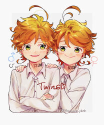 1boy 1girl ahoge arakawa_cristal artist_name blush brother_and_sister emma_(yakusoku_no_neverland) english_text green_eyes heart highres looking_at_another mars_symbol orange_hair original puff_of_air siblings smile twins upper_body venus_symbol yakusoku_no_neverland