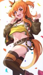 Rule 34 | 1girl, absurdres, animal ears, belly, blush, bomber jacket, breasts, collarbone, commentary request, dog tags, highres, horse ears, horse girl, horse tail, jacket, looking at viewer, madaato (psgw3383), mayano top gun (umamusume), navel, open mouth, orange hair, shorts, simple background, small breasts, solo, tail, thighhighs, thighs, umamusume, white background