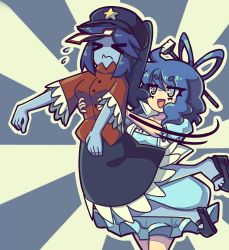 Rule 34 | &gt; &lt;, 2girls, 3:, :d, blue dress, blue eyes, blue hair, blue skin, colored skin, daigada, dress, flying sweatdrops, hair ornament, hair rings, hair stick, hat, hat ornament, highres, holding person, jiangshi, jitome, kaku seiga, looking at another, medium hair, miyako yoshika, motion lines, multiple girls, open mouth, outline, outstretched arms, red shirt, shirt, skirt, smile, star (symbol), star hat ornament, sunburst, sunburst background, touhou, v-shaped eyebrows, white outline, zombie pose