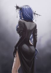 Rule 34 | 1girl, arcana (reverse:1999), ass, black dress, black gloves, black liquid, blue hair, breasts, cowboy shot, dress, elbow gloves, facing away, from behind, gloves, gradient background, grey background, highres, hip vent, kany art, long dress, long hair, long sleeves, reverse:1999, side slit, solo, very long hair, wand in head