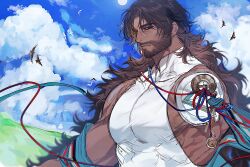 Rule 34 | 1boy, abs, amputee, bara, beard, bell, bird, black sclera, blue sky, breucceuri, brown hair, cloud, cloudy sky, colored sclera, commentary request, dark-skinned male, dark skin, facial hair, korean commentary, looking to the side, male focus, muscular, muscular male, pectorals, reverse:1999, shamane, shirt, sky, sleeveless, sleeveless shirt, sun, upper body, white shirt