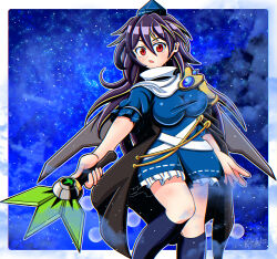 Rule 34 | 1girl, armor, black socks, blue dress, blue hair, blush, border, commentary request, dark blue hair, dress, feet out of frame, frills, hair between eyes, hat, hauchiwa, holding, holding stick, iizunamaru megumu, kneehighs, knees together feet apart, long hair, looking at viewer, mechanical wings, night, night sky, object request, outline, outside border, pauldrons, petticoat, puffy short sleeves, puffy sleeves, red eyes, shimaya naokazu, short sleeves, shoulder armor, single pauldron, sky, socks, solo, standing, star (sky), star (symbol), starry background, stick, tokin hat, touhou, turtleneck, very long hair, white border, white outline, wings