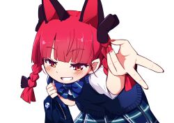 Rule 34 | 1girl, animal ears, bag, blunt bangs, bow, braid, cat ears, cat girl, hair bow, kaenbyou rin, kanisawa yuuki, looking at viewer, pointy ears, red eyes, red hair, red nails, school uniform, shirt, short sleeves, shoulder bag, solo, sweater vest, touhou, twin braids, v, white background, white shirt