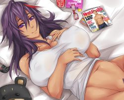 Rule 34 | 1girl, bed, breasts, coca-cola, cola (exaxuxer), controller, dark skin, dark-skinned female, exaxuxer, female pubic hair, glasses, highres, huge breasts, long hair, lying, magazine (object), navel, on back, on bed, original, pillow, pubic hair, purple eyes, purple hair, remote control, smile, solo, stuffed animal, stuffed toy, tank top, teddy bear