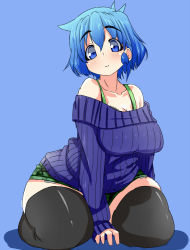 Rule 34 | 1girl, blue eyes, blue hair, blush, breasts, huge breasts, inaka keikou, matching hair/eyes, original, plump, saku hinoko, short hair, shorts, sitting, smile, solo, sweater, thick thighs, thighhighs, thighs, zettai ryouiki