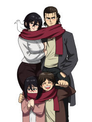 Rule 34 | 2boys, 2girls, :d, ^ ^, bird, black eyes, black hair, blush, breasts, brown hair, child, closed eyes, closed mouth, dual persona, eren yeager, frown, hair between eyes, hand in pocket, highres, jacket, looking at viewer, looking to the side, mikasa ackerman, multiple boys, multiple girls, open mouth, own hands together, pants, red scarf, scarf, scarf over mouth, shared clothes, shared scarf, shingeki no kyojin, shirt, short hair, simple background, smile, time paradox, tina fate, white background