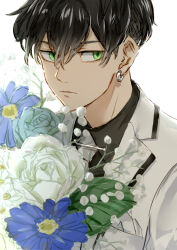 Rule 34 | 1boy, black hair, blue flower, bouquet, closed mouth, collared shirt, commentary request, earrings, flower, formal, green eyes, hair between eyes, holding, holding bouquet, hoop earrings, jewelry, lapels, male focus, matsuno chifuyu, necktie, nori20170709, notched lapels, shirt, short hair, sideways glance, simple background, solo, tokyo revengers, upper body, white background, white flower