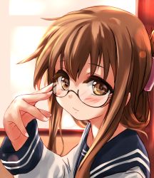 Rule 34 | 1girl, bespectacled, black sailor collar, brown eyes, brown hair, commentary request, folded ponytail, glasses, inazuma (kancolle), kantai collection, long hair, looking at viewer, nukoyarou, sailor collar, school uniform, serafuku, solo, upper body, window