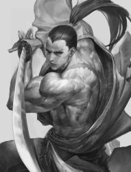 Rule 34 | 1boy, grey background, greyscale, holding, holding sword, holding weapon, japanese clothes, katana, kibagami genjuro, long hair, male focus, manly, monochrome, muscular, nao3art, ponytail, samurai spirits, scar, snk, solo, sword, weapon
