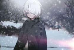 Rule 34 | 1girl, absurdres, black jacket, blue eyes, blurry, blurry background, bright pupils, depth of field, hair over one eye, highres, jacket, long sleeves, looking at viewer, medium hair, migihidari (puwako), one eye covered, original, outdoors, parted lips, snow, snowing, solo, white hair, white pupils, winter
