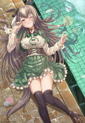 Rule 34 | 1girl, absurdres, animal ears, bad id, bad pixiv id, bow, bowtie, bra visible through clothes, braid, breasts, brown corset, brown footwear, brown hair, commentary request, corset, green bow, green bowtie, green skirt, half updo, high heels, highres, hmax, horse ears, horse girl, horse tail, large breasts, long hair, looking at viewer, one eye closed, pool, poolside, satono diamond (umamusume), scrunchie, see-through, shirt, side braid, skirt, solo, tail, thighhighs, umamusume, water, wet, wet clothes, wet shirt, white shirt