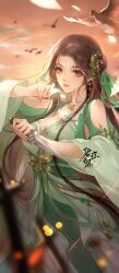 Rule 34 | 1girl, absurdres, artist request, baiguio (zhu xian), bird, brown hair, closed mouth, clothing cutout, dagger, dress, facial mark, falling petals, forehead mark, glowing, glowing petals, green dress, hair ornament, highres, holding, holding dagger, holding knife, holding weapon, jewelry, knife, long hair, looking at viewer, necklace, orange sky, petals, shoulder cutout, sky, smile, solo, third-party source, upper body, weapon, zhu xian