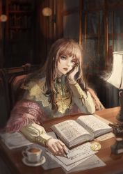Rule 34 | 1girl, beige shirt, blue eyes, book, brown hair, chinese commentary, commentary request, cup, desk, fors wall, green neckwear, hand on own cheek, hand on own face, highres, holding, holding pen, indoors, inkwell, lamp, lips, lipstick, long hair, long sleeves, looking at viewer, lord of the mysteries, lunara, makeup, open book, pen, pink shawl, shadow, shawl, shirt, solo, tea, teacup, wall