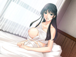 Rule 34 | 1girl, bandages, bed, black hair, blanket, blush, breast slip, breasts, brown eyes, clenched teeth, female focus, g.j?, game cg, hyakki yakou (game), large breasts, long hair, looking at viewer, nipples, one breast out, pillow, sano toshihide, smile, solo, teeth