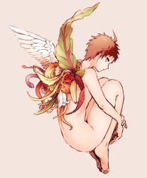 Rule 34 | 1boy, ahoge, amido (compassion273), angel wings, animal, ass, asymmetrical wings, barefoot, completely nude, danganronpa (series), danganronpa 2: goodbye despair, feathered wings, flower, from side, full body, grey background, highres, hinata hajime, hugging own legs, knees up, male focus, mismatched wings, nude, red flower, short hair, sideways glance, simple background, snake, solo, white flower, wings
