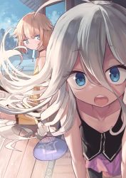 Rule 34 | 2girls, ahoge, bent over, black legwear, black shirt, blonde hair, blouse, blue eyes, cevio, choker, close-up, collarbone, commentary, food, food in mouth, hair flaps, hand fan, highres, ia (vocaloid), long hair, looking at viewer, looking to the side, microa, miniskirt, mouth hold, multiple girls, one (cevio), open mouth, outdoors, paper fan, pink skirt, popsicle, popsicle in mouth, shirt, siblings, sidelighting, sisters, skirt, spaghetti strap, teeth, translated, uchiwa, upper teeth only, veranda, very long hair, vocaloid, yellow shirt, yellow skirt