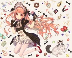 Rule 34 | 1girl, ankle strap, beige background, bottle, bow, candy, candy cane, cat, chocolate, cosmetics, doughnut, dress, finger to mouth, flower, food, frills, fruit, gift, gloves, gothic lolita, harunoibuki, hat, headdress, heart, jewelry, knife, lipstick, lolita fashion, long hair, looking at viewer, macaron, makeup, open mouth, orange hair, original, pantyhose, perfume bottle, puffy short sleeves, puffy sleeves, red eyes, ring, shoes, short hair, short sleeves, slippers, solo, spoon, strawberry, top hat, two side up, very long hair, wallet, white pantyhose
