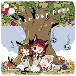 Rule 34 | 3girls, ^ ^, against tree, album cover, album name, alternate costume, animal ear fluff, animal ears, arm support, arm up, bare arms, bare shoulders, barefoot, bell, black bow, black ribbon, blue sailor collar, blue shorts, blunt bangs, border, bow, braid, brown hair, cat ears, cat girl, cat tail, chen, closed eyes, cover, dappled sunlight, day, dress, elbow rest, english text, extra ears, facing viewer, finger to mouth, frilled sleeves, frills, from side, full body, goutokuji mike, grass, green headwear, grin, hair bow, hand to own mouth, hand up, hat, head tilt, highres, hitodama, index finger raised, jingle bell, kaenbyou rin, lap pillow, long hair, looking at viewer, low twintails, lying, matching outfits, mob cap, multiple girls, multiple tails, neck ribbon, nekomata, no nose, no pupils, on grass, on ground, on side, one eye closed, open mouth, outdoors, pointy ears, puffy short sleeves, puffy shorts, puffy sleeves, purple eyes, red hair, ribbon, rounded corners, sailor collar, sailor dress, shirt, short hair, short sleeves, shorts, shushing, single tear, sitting, skull, sleeping, sleepy, sleeveless, sleeveless dress, smile, sunlight, tail, tail raised, touhou, trait connection, tree, tree shade, twin braids, twintails, two tails, u u, under tree, white border, white dress, white hair, white shirt, yawning, yokozuwari, yukihi