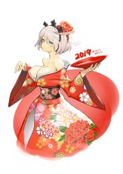 Rule 34 | 1girl, 2019, ahoge, artist name, bare shoulders, blue eyes, blush, bob cut, breasts, cleavage, collarbone, commentary request, dated, elphelt valentine, floral print, flower, guilty gear, guilty gear xrd, hair flower, hair ornament, hand up, highres, holding, japanese clothes, kimono, kimono pull, looking at viewer, medium breasts, new year, no bra, off shoulder, print kimono, red flower, red kimono, sash, short hair, simple background, smile, solo, tiara, white hair, zaki (narashigeo)