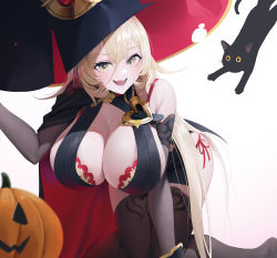 Rule 34 | 1girl, all fours, animal, black cape, black dress, black gloves, black thighhighs, blonde hair, blurry, blurry foreground, bra, bra peek, breasts, cape, cat, cleavage, commentary request, depth of field, dress, fang, gloves, hair between eyes, hand on headwear, hat, highres, huge breasts, long hair, looking at viewer, natsugou shinogi, nijisanji, nui sociere, nui sociere (1st costume), open mouth, pumpkin, red cape, simple background, solo, thighhighs, torn clothes, two-tone cape, underwear, very long hair, virtual youtuber, white background, witch hat, yellow eyes