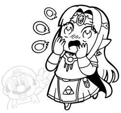Rule 34 | 1boy, 1girl, armor, belt, bkub, blush, bracer, cape, circlet, commentary request, dress, earrings, eyebrows visible through headband, facial hair, fireball, floating hair, full body, gown, greyscale, hat, jewelry, long hair, looking at viewer, mario, mario (series), monochrome, mustache, necklace, nintendo, open mouth, overalls, parted bangs, partial commentary, pauldrons, pearl necklace, pointy ears, princess zelda, shoes, short hair, short sleeves, shoulder armor, sidelocks, simple background, smile, straight hair, super smash bros., surprised, surprised arms, the legend of zelda, the legend of zelda: a link between worlds, triforce, v, white background