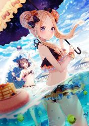 Rule 34 | 2girls, abigail williams (fate), ass, back, bare shoulders, bikini, black bikini, black bow, blonde hair, blue eyes, blue sky, blush, bow, breasts, brush, cloud, commentary, day, double bun, fate/grand order, fate (series), fish, floral print, flower, food, forehead, hair bow, hair bun, hair flower, hair ornament, highres, holding, holding umbrella, innertube, katsushika hokusai (fate), katsushika hokusai (painting summer) (fate), katsushika hokusai (swimsuit saber) (fate), long hair, looking at viewer, medium breasts, multiple girls, ocean, octopus, official alternate costume, open mouth, orange bow, outdoors, paintbrush, palm tree, pancake, parasol, parted bangs, partially submerged, partially underwater shot, polka dot, polka dot bow, purple eyes, rosuuri, scrunchie, sky, space print, standing, starry sky print, strapless, swim ring, swimsuit, symbol-only commentary, thighs, tokitarou (fate), tree, umbrella, underwater, wading, water, waving, wrist scrunchie