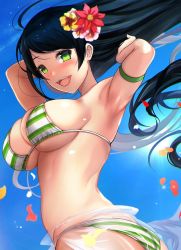 Rule 34 | 1girl, :d, armband, armpits, arms up, ass, bare shoulders, bikini, black hair, blue sky, blush, breasts, day, flower, green bikini, green eyes, hair flower, hair ornament, hibsicus, horizonal stripes, large breasts, long hair, looking at viewer, open mouth, original, outdoors, petals, sarong, see-through sarong, sidelocks, skindentation, sky, smile, solo, striped bikini, striped clothes, swimsuit, twisted torso, untue, white bikini