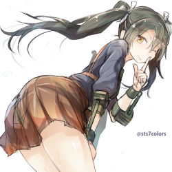 Rule 34 | 10s, 1girl, black hair, cowboy shot, hair ribbon, kantai collection, leaning forward, long hair, looking at viewer, one eye closed, pointing, pointing up, profile, ribbon, skirt, smile, solo, sts, twintails, twitter username, white background, yellow eyes, zuikaku (kancolle)