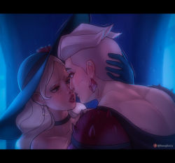 Rule 34 | 2girls, back, bangdacy, blonde hair, blush, dress, eye contact, eyeshadow, hat, imminent kiss, letterboxed, lipstick, looking at another, makeup, masters of the universe, multiple girls, muscular, muscular female, parted lips, perfuma (she-ra), scorpia, she-ra and the princesses of power, shoulder spikes, silver hair, spikes, sweat, upper body, yuri