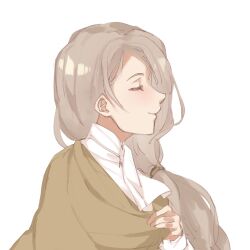 Rule 34 | 1girl, ascot, brown capelet, capelet, closed eyes, closed mouth, fire emblem, fire emblem: three houses, from side, garreg mach monastery uniform, grey hair, highres, long hair, mercedes von martritz, nintendo, simple background, smile, solo, virno, white ascot, white background