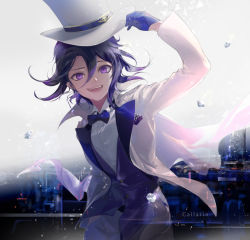 Rule 34 | 1boy, alternate costume, blazer, blue gloves, blue hair, blue handwear, blue neckwear, blue sweater vest, bow, callarin, cowboy shot, danganronpa (series), danganronpa v3: killing harmony, diamond (gemstone), gloves, hair between eyes, hat, jacket, long sleeves, looking at viewer, male focus, messy hair, oma kokichi, open clothes, open jacket, open mouth, purple eyes, shirt, smile, solo, standing, sweater vest, teeth, top hat, upper teeth only, vest, white hat, white shirt
