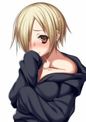 Rule 34 | 10s, 1girl, bags under eyes, bare shoulders, blonde hair, blush, collarbone, earrings, hair over one eye, hand to own mouth, highres, hood, hoodie, idolmaster, idolmaster cinderella girls, jewelry, looking at viewer, off shoulder, red eyes, shirasaka koume, short hair, simple background, sleeves past wrists, solo, takanashi-a, upper body, white background
