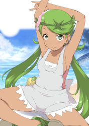 Rule 34 | 1girl, armpits, arms behind head, arms up, beach, blue sky, breasts, closed mouth, cloud, cloudy sky, commentary, creatures (company), dark-skinned female, dark skin, day, flower, game freak, green eyes, green footwear, green hair, green headband, grey overalls, headband, highres, horizon, indian style, iwami kyuuto, long hair, looking at viewer, low twintails, mallow (pokemon), nintendo, outdoors, overall shorts, overalls, palm tree, pink flower, pokemon, pokemon sm, sandals, sitting, sky, small breasts, smile, solo, swept bangs, tree, twintails