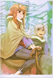 Rule 34 | 1boy, 1girl, :d, absurdres, animal ear fluff, brown cape, brown eyes, brown hair, cape, closed mouth, craft lawrence, fang, fang out, forest, fur-trimmed cape, fur trim, grey pants, highres, holo, horse, koume keito, long hair, long sleeves, nature, official art, open mouth, outdoors, pants, purple shirt, red eyes, riding, scan, shirt, silver hair, smile, snow, spice and wolf, winter