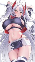 Rule 34 | 1girl, :o, absurdres, arms behind head, arms up, azur lane, belt, black jacket, blush, breasts, clothing cutout, crop top, cropped jacket, cross, demcheg, from below, hair over one eye, headgear, headset, highleg, highleg panties, highres, hip focus, iron cross, jacket, large breasts, long hair, looking at viewer, looking down, microphone, midriff, miniskirt, multicolored hair, navel, open clothes, open jacket, panties, prinz eugen (azur lane), prinz eugen (final lap) (azur lane), red hair, red panties, sideboob, sideboob cutout, skindentation, skirt, solo, stomach, streaked hair, thighhighs, two-tone hair, underboob, underboob cutout, underwear, unzipped, upskirt, very long hair, white belt, white hair, yellow eyes