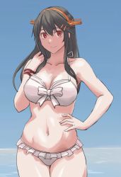 Rule 34 | 1girl, absurdres, bikini, black hair, blue sky, brace, breasts, collarbone, commentary request, cowboy shot, frilled bikini, frills, front-tie top, hairband, hand on own hip, haruna (kancolle), headgear, highres, kantai collection, large breasts, long hair, looking at viewer, navel, one-hour drawing challenge, outdoors, red eyes, sky, solo, sozan, standing, swimsuit, white bikini