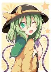 Rule 34 | 1girl, bow, green eyes, green hair, hat, hat bow, highres, kan lee, komeiji koishi, long sleeves, looking at viewer, matching hair/eyes, one eye closed, open mouth, shirt, simple background, smile, solo, star (symbol), third eye, touhou, upper body, wide sleeves