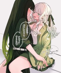 2girls absurdres amane_(7783) belt between_legs black_nails breasts cleavage commentary_request ear_piercing earrings green_eyes green_hair green_jacket green_nails green_ribbon green_skirt hair_ribbon hand_on_another&#039;s_chin highres jacket jewelry long_hair multiple_girls nail_polish open_mouth original piercing ribbon shirt signature skirt sweatdrop teeth translation_request upper_teeth_only white_belt white_hair white_shirt yuri