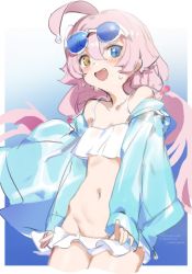 Rule 34 | 1girl, ahoge, bikini, blue archive, blue eyes, blush, character name, clothes pull, commentary, eyewear on head, fang, frilled bikini, frills, groin, hair between eyes, hair bobbles, hair ornament, heterochromia, highres, hoshino (blue archive), hoshino (swimsuit) (blue archive), jacket, long hair, long sleeves, looking at viewer, low twintails, multicolored hair, navel, nemo (leafnight), open mouth, orange eyes, pink hair, signature, simple background, solo, sunglasses, swimsuit, symbol-only commentary, twintails, very long hair, wet, wet hair, white bikini