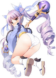 Rule 34 | 1girl, ass, blue kimono, blue ribbon, blush, brown eyes, brown footwear, closed mouth, commentary request, full body, hair ribbon, highres, holding, holding staff, japanese clothes, kimono, kyoka (princess connect!), long hair, long sleeves, looking at viewer, looking back, mauve, no pants, orb, panties, polka dot, polka dot panties, princess connect!, purple hair, ribbon, ringlets, sandals, shoe soles, simple background, socks, solo, staff, tears, twintails, twitter username, underwear, very long hair, wavy mouth, white background, white panties, white socks, wide sleeves, zouri