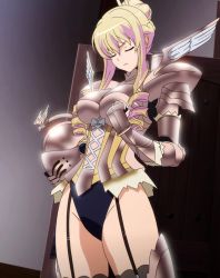 Rule 34 | 10s, 1girl, armor, bertille althusser, blonde hair, breasts, closed eyes, female focus, gradient background, highres, knight, large breasts, long hair, solo, standing, stitched, third-party edit, walkure romanze