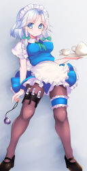 Rule 34 | 1girl, apron, black pantyhose, blue dress, blue eyes, braid, breasts, bridal garter, covered erect nipples, cup, dress, highres, holster, izayoi sakuya, knife, legs, looking at viewer, maid, maid apron, maid headdress, medium breasts, pantyhose, pocket watch, puffy short sleeves, puffy sleeves, shirt, short dress, short sleeves, side braid, silver hair, solo, teacup, teapot, thigh holster, throwing knife, touhou, tray, twin braids, twintails, waist apron, watch, weapon, zibun owl