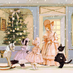 Rule 34 | 1other, 3girls, animal, animal focus, barefoot, bauble, black cat, blue eyes, bonnet, bow, cat, christmas ornaments, christmas tree, closed eyes, clothed animal, dress, ears through headwear, frilled bonnet, frilled dress, frilled sleeves, frills, full body, highres, layered dress, long dress, multiple girls, neck ribbon, no humans, original, outdoors, pink bow, pink dress, pink ribbon, purple bow, purple dress, purple ribbon, ribbon, rocking horse, sleeve cuffs, slit pupils, snow, tono (rt0no), toto noir, white bow
