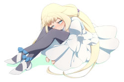 Rule 34 | 1girl, blonde hair, blue bow, blue eyes, blush, bow, breast cutout, breasts, crossed legs, dress, eve (gundam build divers re:rise), female focus, full-face blush, gundam build divers, gundam build divers re:rise, highres, hizaura, hugging own legs, low twintails, nipples, shoes, sitting, small breasts, solo, twintails, white dress, white footwear