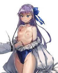 Rule 34 | 1boy, 1girl, armpits, black choker, blue eyes, blue one-piece swimsuit, blue ribbon, blush, bow (bhp), breasts, breasts out, casual one-piece swimsuit, choker, closed mouth, clothes pull, collarbone, cowboy shot, fate/grand order, fate (series), frilled swimsuit, frills, fujimaru ritsuka (male), groin, hair ribbon, highleg, highleg swimsuit, long hair, long sleeves, meltryllis, meltryllis (fate), meltryllis (swimsuit lancer) (fate), meltryllis (swimsuit lancer) (second ascension) (fate), motion blur, nipples, one-piece swimsuit, one-piece swimsuit pull, perky breasts, petite, puffy long sleeves, puffy sleeves, pulling another&#039;s clothes, purple hair, ribbon, simple background, sketch, skin tight, sleeves past fingers, sleeves past wrists, small breasts, smile, solo focus, swimsuit, thighs, topless, very long hair, white background