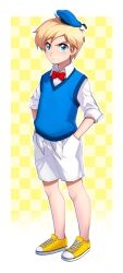 Rule 34 | 1boy, absurdres, aged down, angry, animification, blonde hair, blue eyes, blue vest, border, bow, bowtie, child, closed mouth, commentary, disney, donald duck, english commentary, full body, hands in pockets, highres, humanization, male focus, red bow, red bowtie, shirt, shorts, solo, tama! (lazyturtle), vest, white border, white shirt, white shorts, yellow footwear