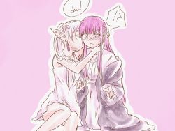 Rule 34 | !?, 2girls, blush, closed eyes, dress, earrings, fern (sousou no frieren), frieren, hand in another&#039;s hair, hand on another&#039;s cheek, hand on another&#039;s face, highres, jewelry, kiss, kissing cheek, monochrome, multiple girls, pale color, pink background, pink theme, pointy ears, purple hair, romaji text, simple background, sitting, sousou no frieren, sundress, wavy mouth, wide-eyed, x hmk x, yuri